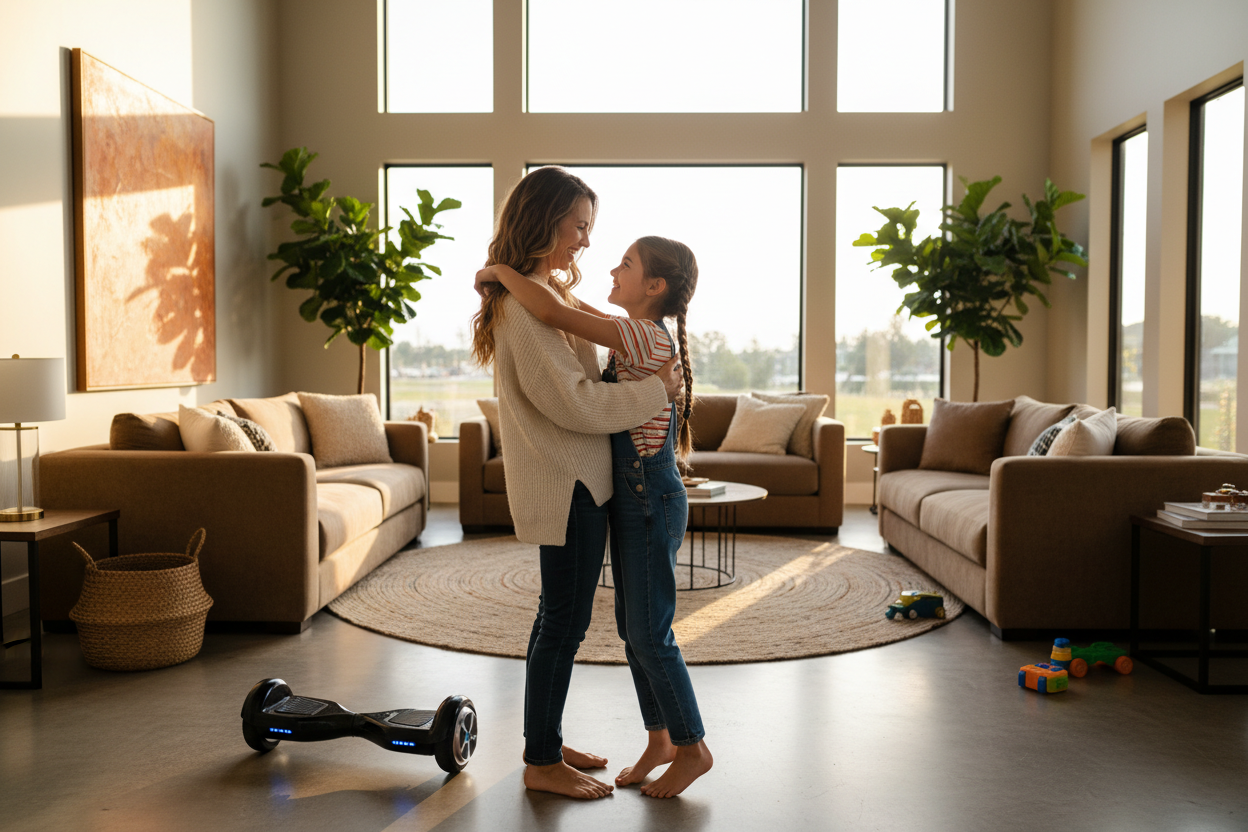 38 year old mother hugging daughter who is 9 years old. black hoverboard is on the floor. they are in their big lounge. looking towards each other. 