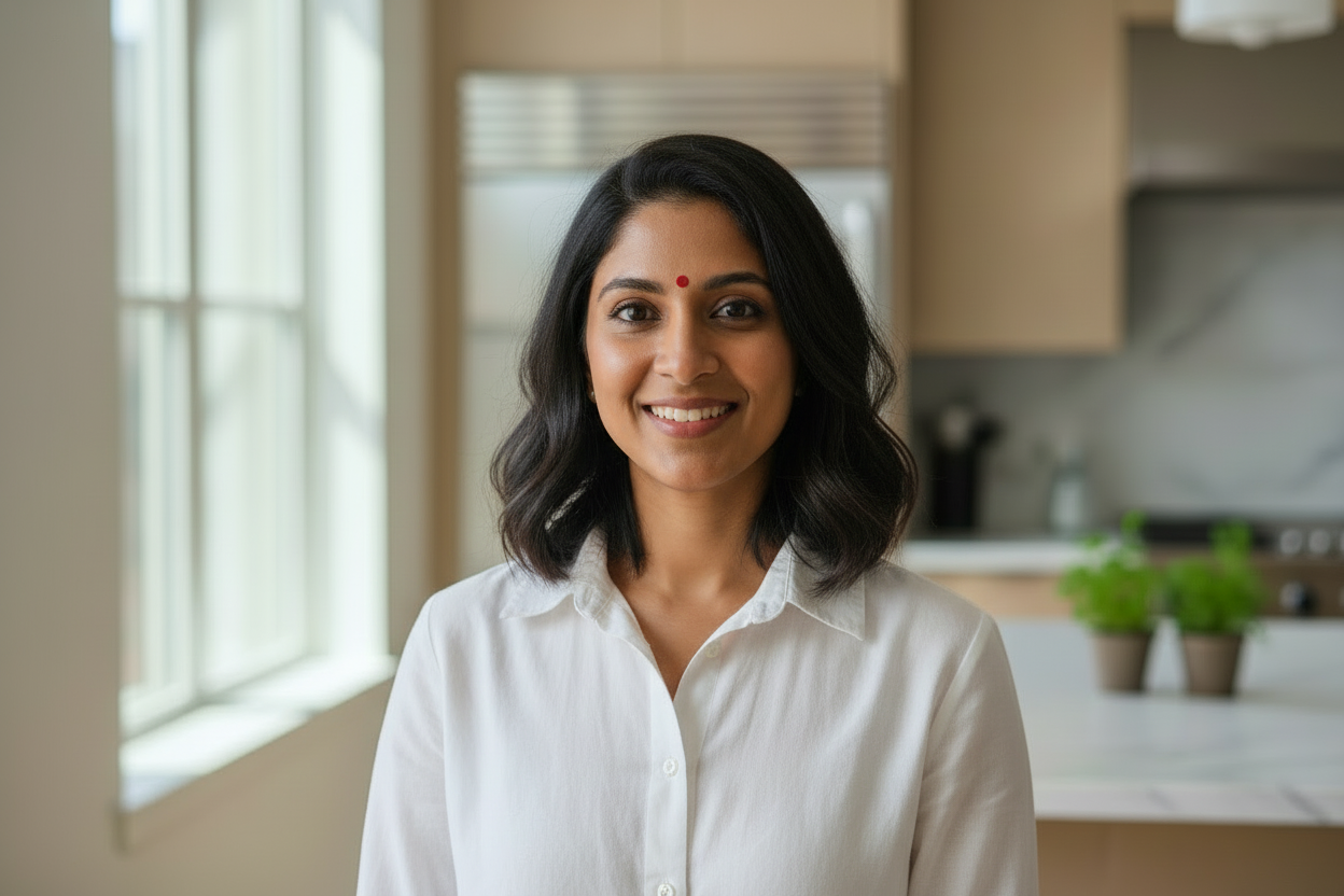 indian lady in kitchen. headshot. long hair