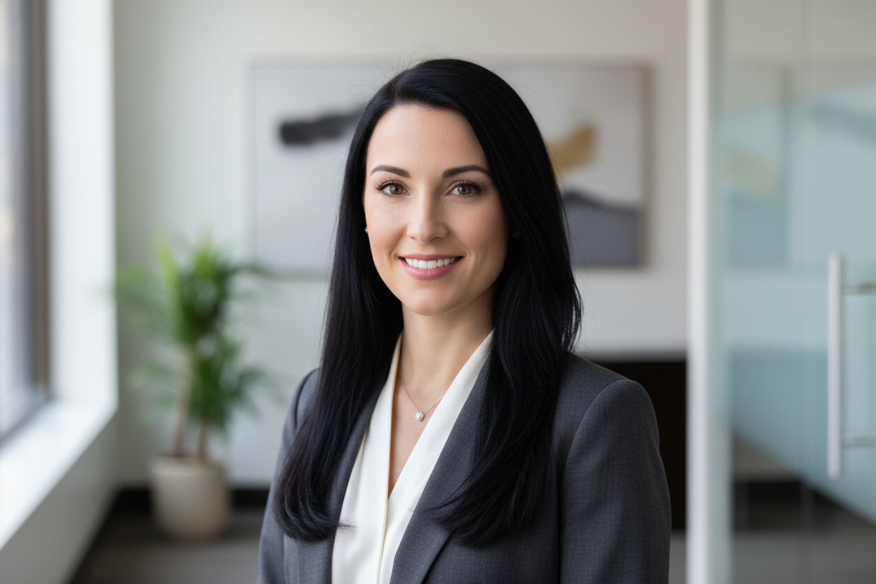white lady in office, long black hair. headshot